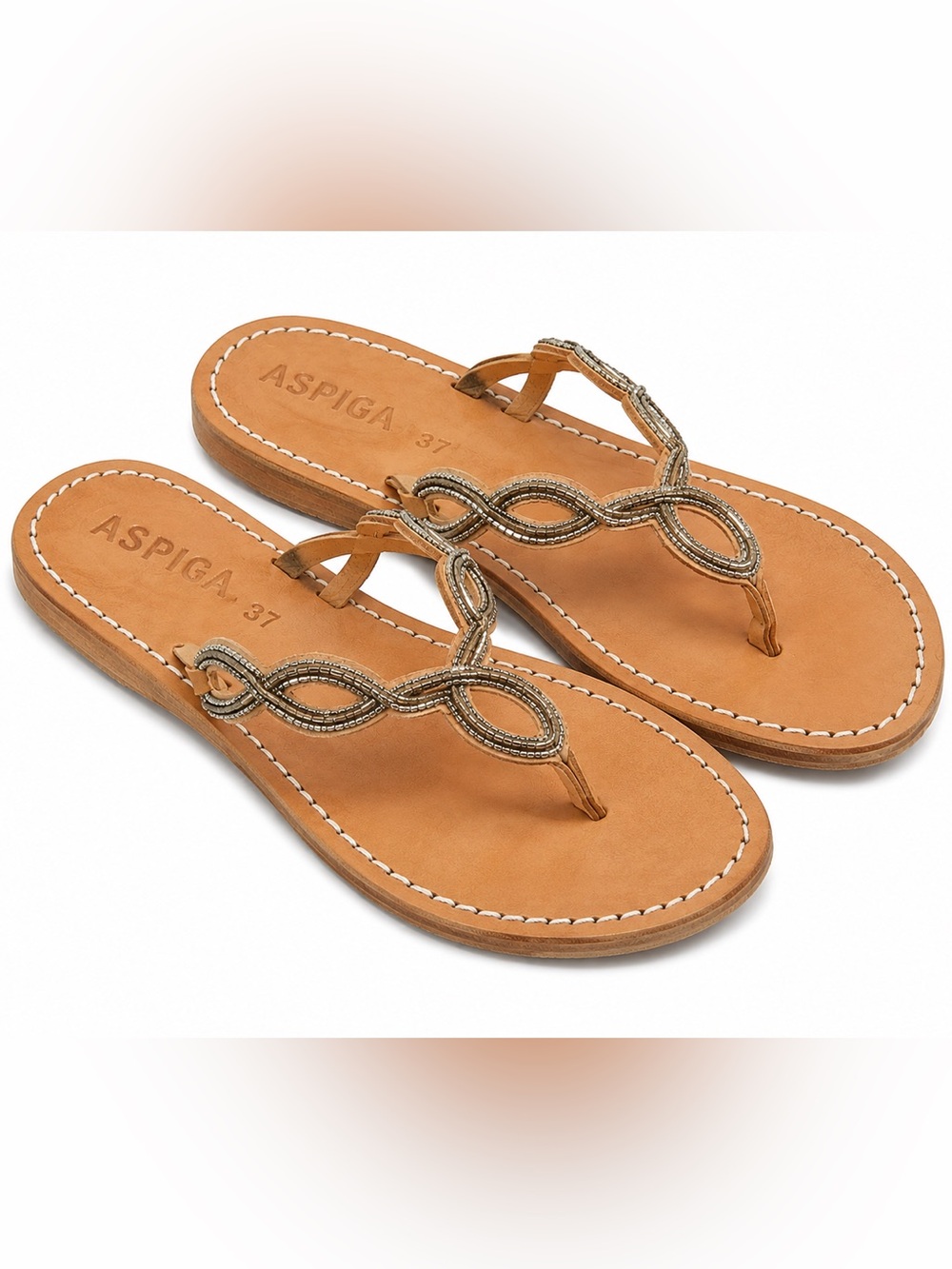 Aspiga Classic Tan With Silver Accent Beaded Leather Thong Sandals EU 37 US W6.5